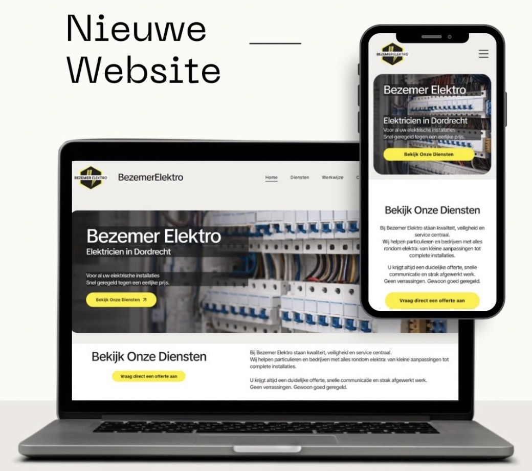 Website van Bezemer Elektro op laptop en telefoon